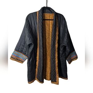 Chico's Black Silk Chinoiserie Quilted Jacket with Gold Accents sz L